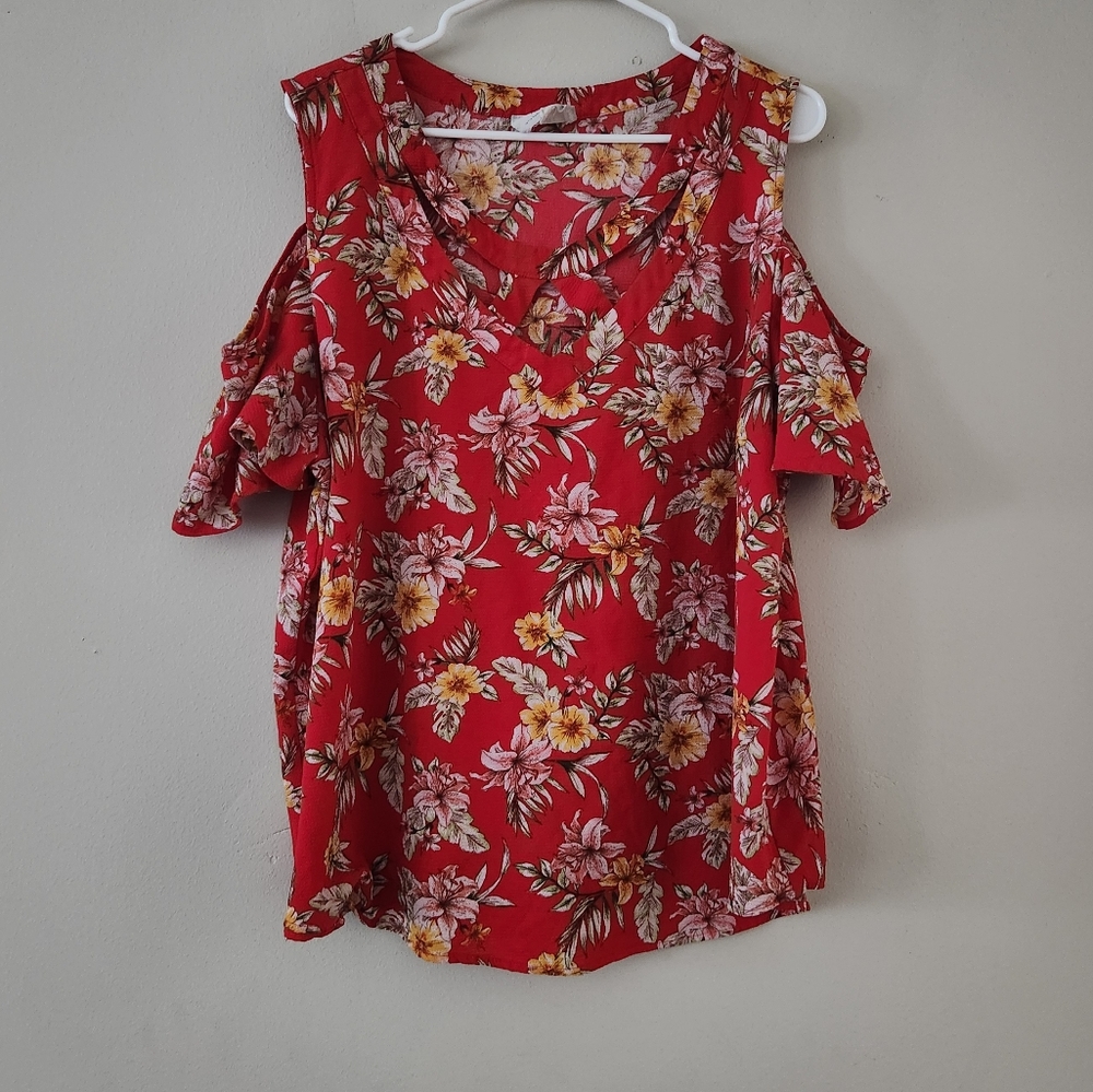 Flower & Feather Floral Cold Shoulder Top 2XL Juniors Business Casual Keyhole